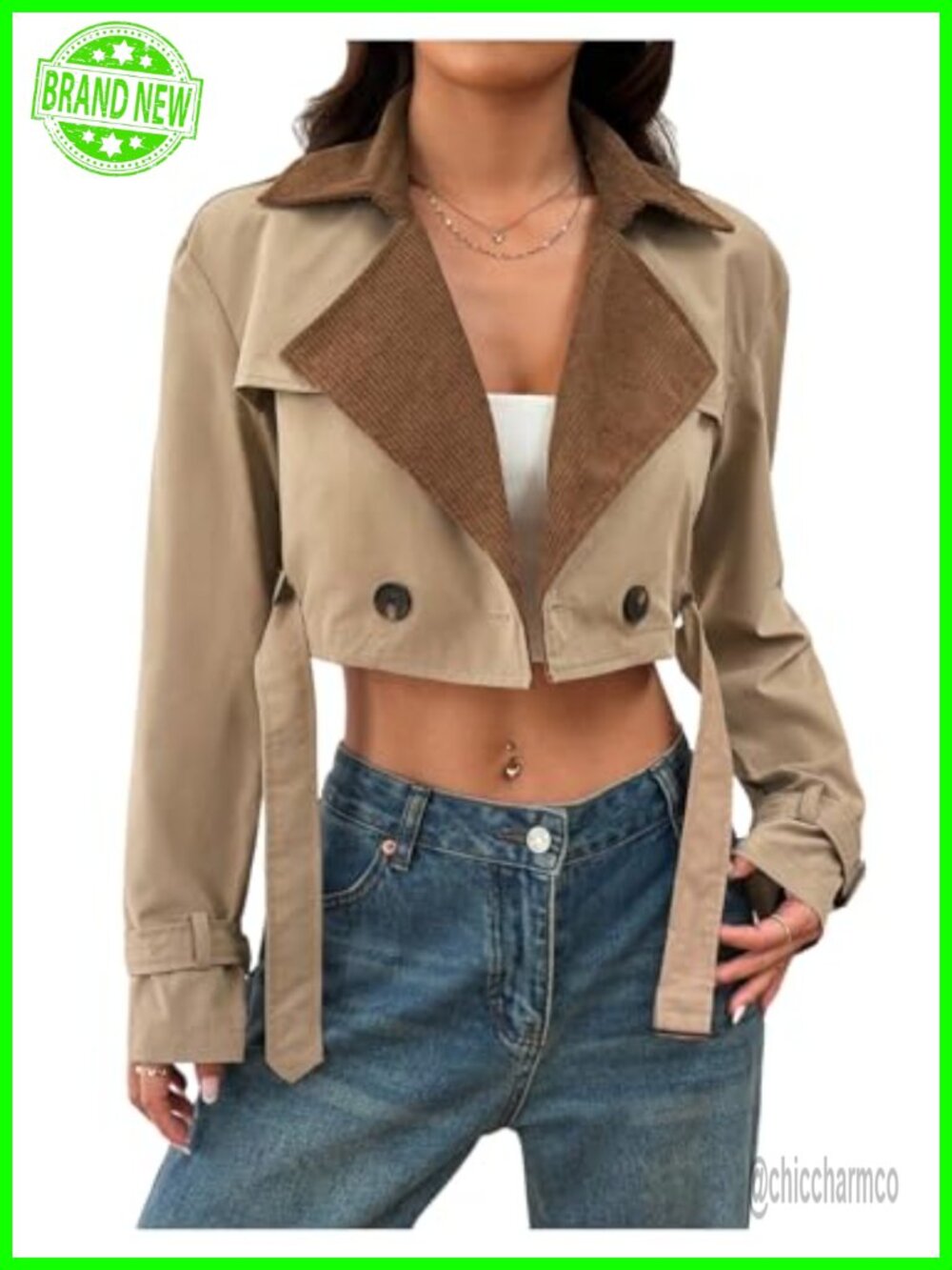 Women's Cropped Trench Coat Double Breasted Long Sleeve Lapel Belted Jacket